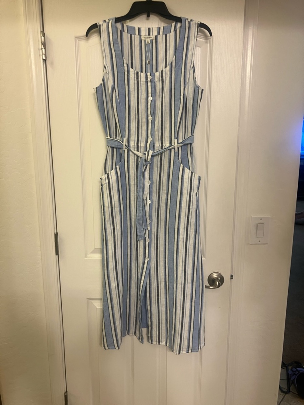 Max Studio Blue and White Striped Sleeveless Midi Dress